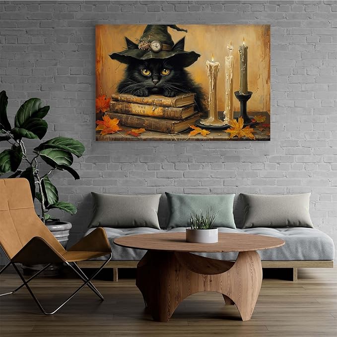 JFHCQJPK Vintage Halloween wall decoration black cat and magic book suitable for home bedroom living room decoration dark classic art witch wall decoration20x30in Frameless