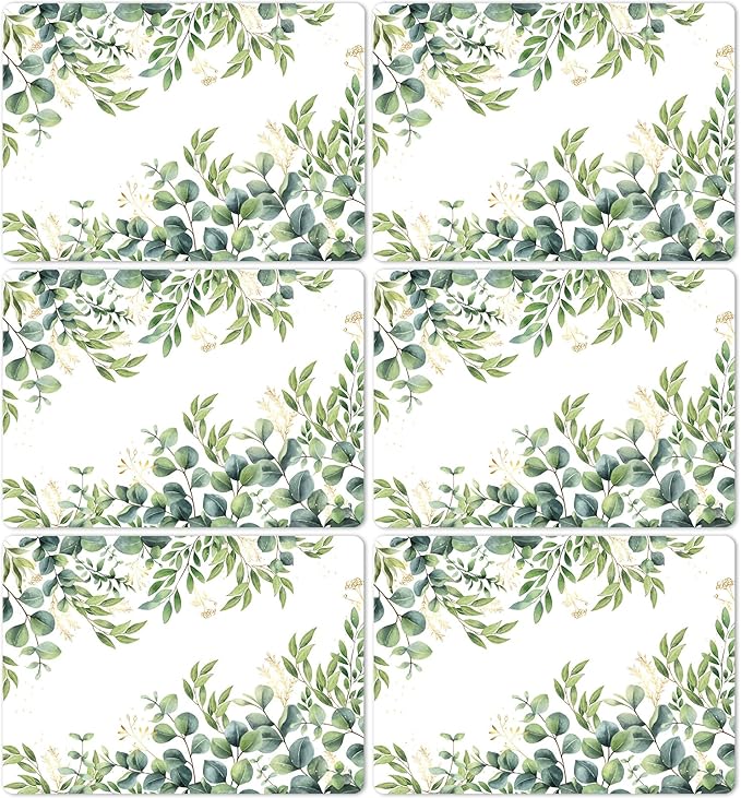 Eucalyptus Leaves Placemat Set of 6 Seasonal Summer Plastic Table Mats Spring Green Leaves Themed Place Mats Rustic Vintage Table Decoration for Indoor Outdoor Party Kitchen Dining