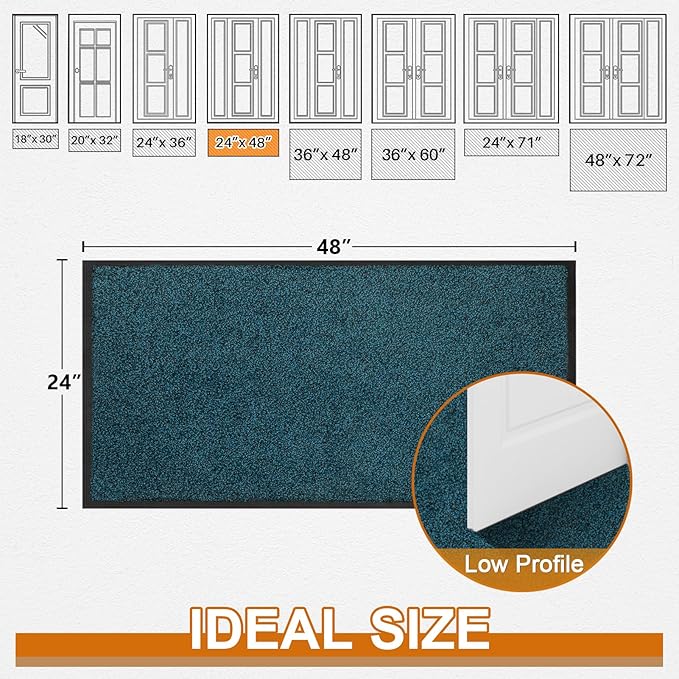 Mibao Front Door Mat, Dirt Trapper Welcome Mat for Outdoor Indoor, Non-Slip Waterproof Doormat, Durable Machine Washable Low Profile Entry Rug for Back Door Outside Patio Porch, 48" x 24", Blue