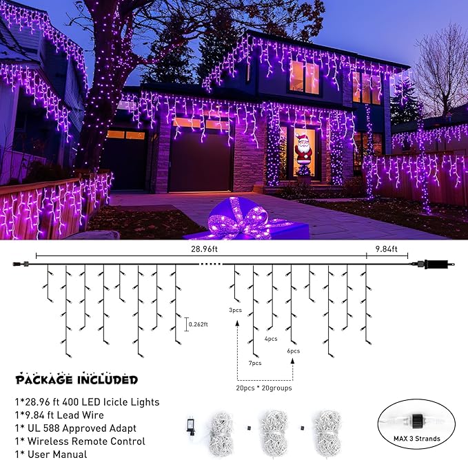 JMEXSUSS Purple Halloween Icicle Lights, 38.8 FT 400 LED Icicle Light Outdoor Waterproof, 8 Modes Purple Halloween Lights with 80 Drops Plug in for House Christmas Party Decorations