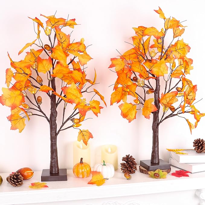 2 Pack 24 Inch Prelit Fall Maple Tree Fall Decorations for Home with 48 LEDs Battery Operated Timer Lighted Acorn Maple Tabletop Light Up Tree for Office Fall Decor Thanksgiving Decorations Indoor