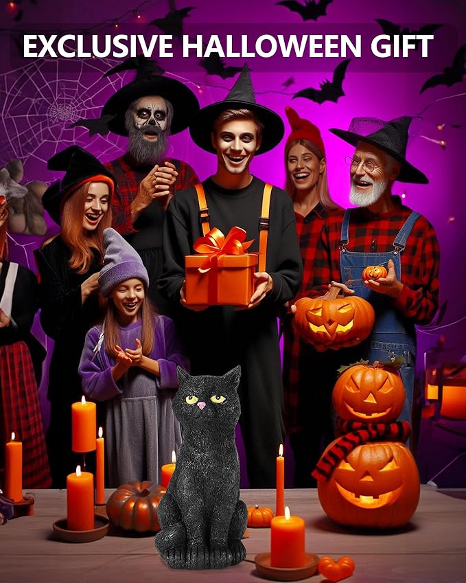 Black Cat Figurine with Glow-in-The-Dark Eyes - 7.3" Spooky Resin Halloween Decorations Halloween Decor Outdoor/Indoor (Black Cat)