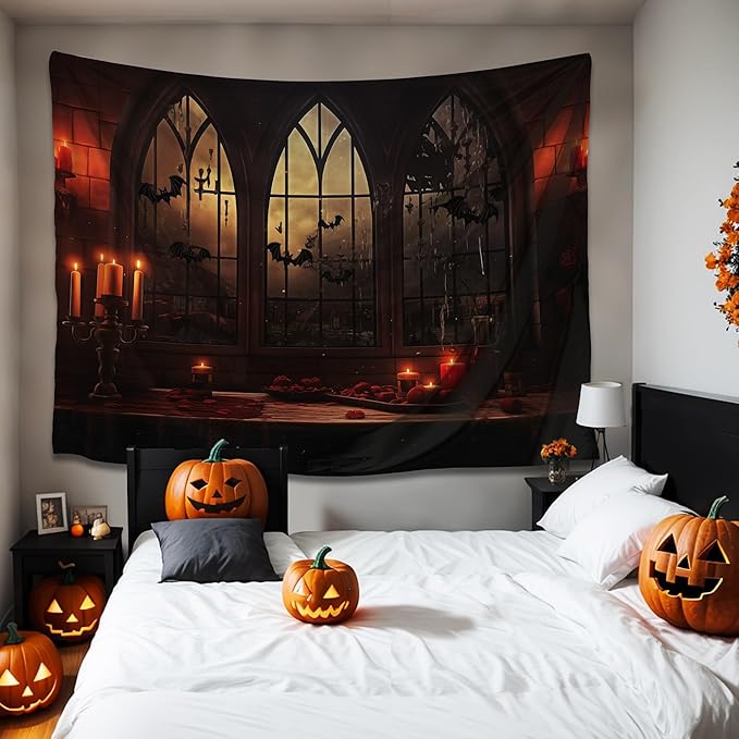QGHOT Halloween Tapestry Wall Hanging Horror Castle Window Tapestry Gothic Spooky Backdrop Vampire Medieval Tapestries for Bedroom Living Room Dorm Wall Art Decor (78.7"x59.1")