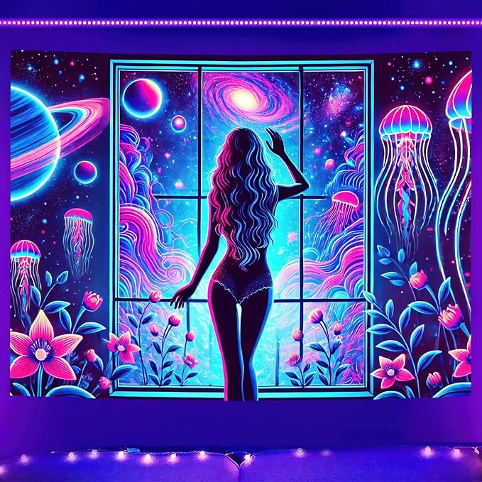 BlissYard Blacklight Tapestry Girl UV Reactive Tapestry 78x59 Inch Black Light Jellyfish Galaxy Planet Decoration Glowing Large Neon Wall Hanging for Living Room Bedroom Decor Teens