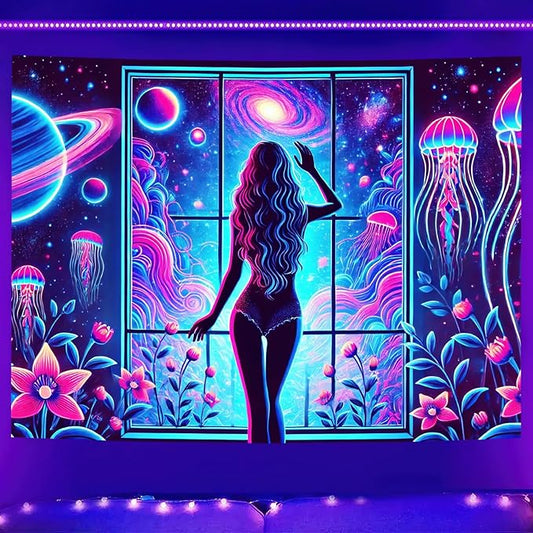 BlissYard Blacklight Tapestry Girl UV Reactive Tapestry 78x59 Inch Black Light Jellyfish Galaxy Planet Decoration Glowing Large Neon Wall Hanging for Living Room Bedroom Decor Teens