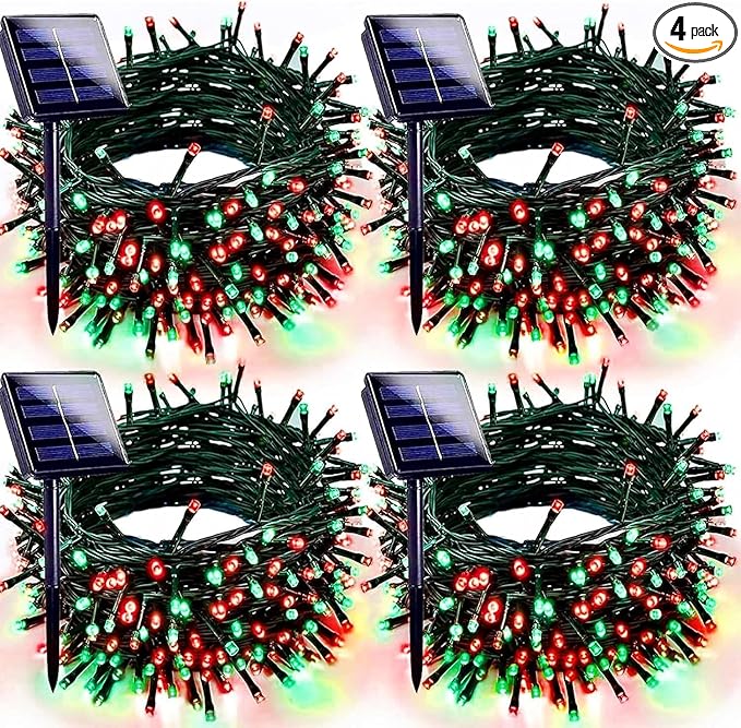 Red Green Solar Christmas Lights Outdoor Decorations Waterproof, Tatal 4 Pack 400LED 132FT Solar String Lights Green Wire with 8 Modes, Christmas Fairy Light for Xmas Tree Party Wedding Garden Decor