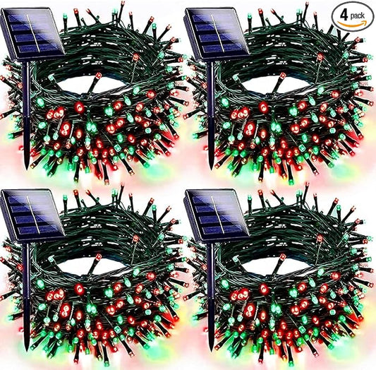 Red Green Solar Christmas Lights Outdoor Decorations Waterproof, Tatal 4 Pack 400LED 132FT Solar String Lights Green Wire with 8 Modes, Christmas Fairy Light for Xmas Tree Party Wedding Garden Decor