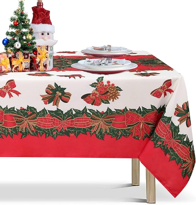LUSHVIDA Christmas Tablecloth Rectangle - 60x102 inchHolly Ribbon Pattern Washable Wrinkle Resistant Holiday Tablecloths for Christmas Family Gathering, Dining Room Table 130GSM