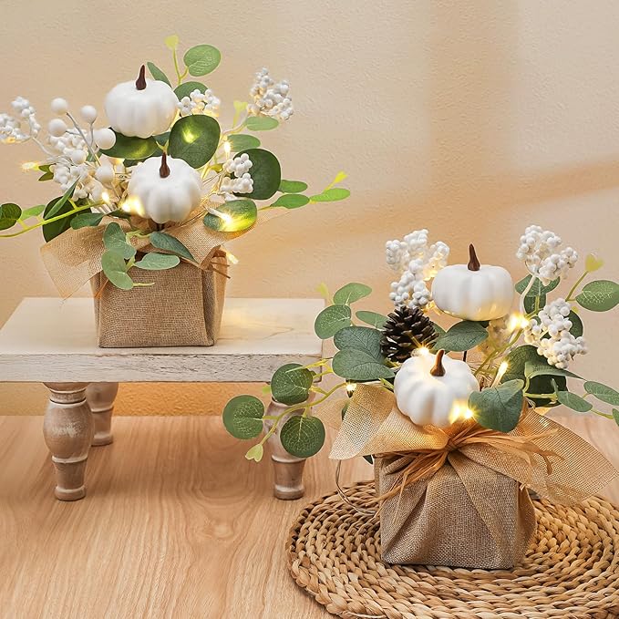 Janinka 2 Set 11 Inch Fall Decorations for Home White Pumpkins Eucalyptus Tables Centerpieces Artificial Pine Cones Berry Stem Picks Decor with 20 LED Lights for Autumn Thanksgiving Decorations
