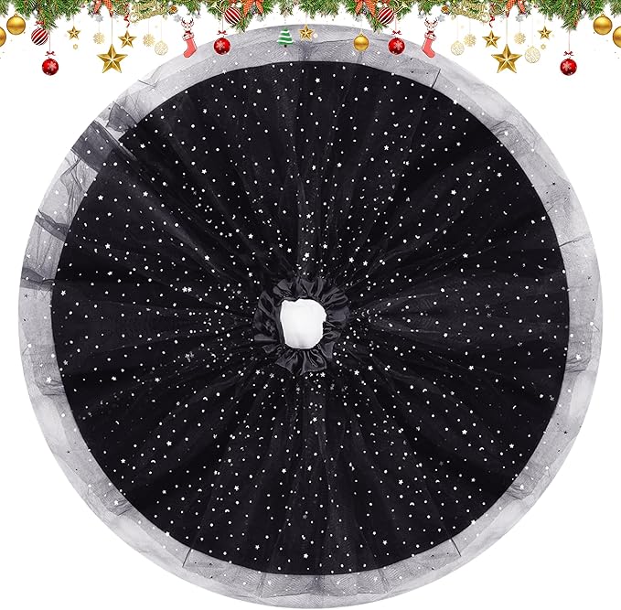 Christmas Wedding Tree Skirt,45 inch 4-Layer Fluffy Romantic Pleated Sparkly Halloween Skirt Decoration Xmas Tree Ornament for Holiday and Party(Black)