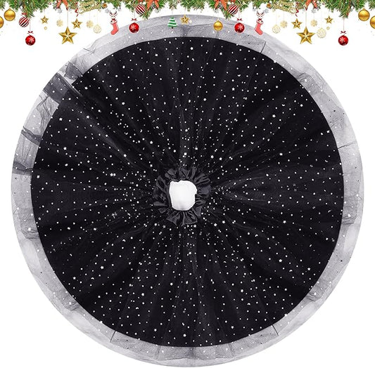 Christmas Wedding Tree Skirt,45 inch 4-Layer Fluffy Romantic Pleated Sparkly Halloween Skirt Decoration Xmas Tree Ornament for Holiday and Party(Black)