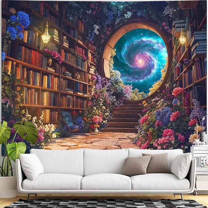 Accnicc Floral Bookshelf Tapestry Fantasy Library Tapestries Wall Hanging Vintage Plant Flower Book Large Tapestry for Bedroom Living Room Dorm 80 x 60 inch