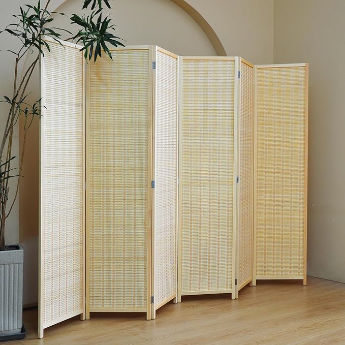6 Panel Folding Room Divider Screen, Bamboo, for Separation, Beige, 67" H x 92.1" W