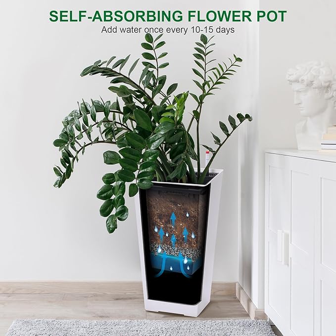 22.5" Tall Planters Set of 2, Outdoor＆Indoor Black Planter Pots, High Front Porch Planter Pots with Drainage Holes＆Water Level Monitor＆Inner Bucket, Automatic Watering, White