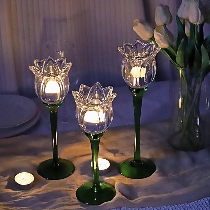 VOHO Tulips Glass Clear Candle Holder Decor for Home Living Room, 3pcs Varying Heights Tealight Candle Holder Wedding Centerpieces for Tables, White Flower Tall Votive Candle Holders Gifts for Friends