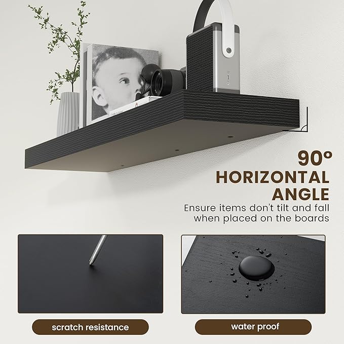 12'' Deep Floating Shelves, 48 Inch Large Floating Shelf Black, Deep Wall Shelves for Living Room Bathroom Laundry Room Bedroom Kitchen Home Office - Black