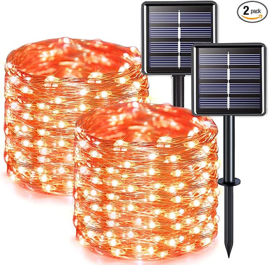 JMEXSUSS 2 Pack Solar Halloween Lights, 33ft 100 LED Orange Halloween Lights Outdoor, Waterproof Solar Fairy String Light for Tree Yard Patio Garden Thanksgiving Decorations