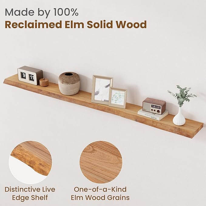 Floating Shelves for Wall Decor, Rustic Solid Elm Wood Floating Shelves Wall Mounted, Wall Shelves with Invisible Bracket for Living Room Bathroom Bedroom Kitchen, 72 Inch, Natural