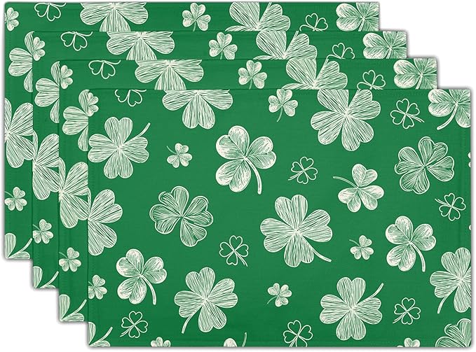 St. Patrick's Day Placemats Set of 4 Spring Holiday Green Shamrock Washable Non-Slip Heat Resistant Place Mats 12x18 Inch Rustic Linen Table Mats for Kitchen Dining Party Decor