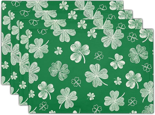 St. Patrick's Day Placemats Set of 4 Spring Holiday Green Shamrock Washable Non-Slip Heat Resistant Place Mats 12x18 Inch Rustic Linen Table Mats for Kitchen Dining Party Decor