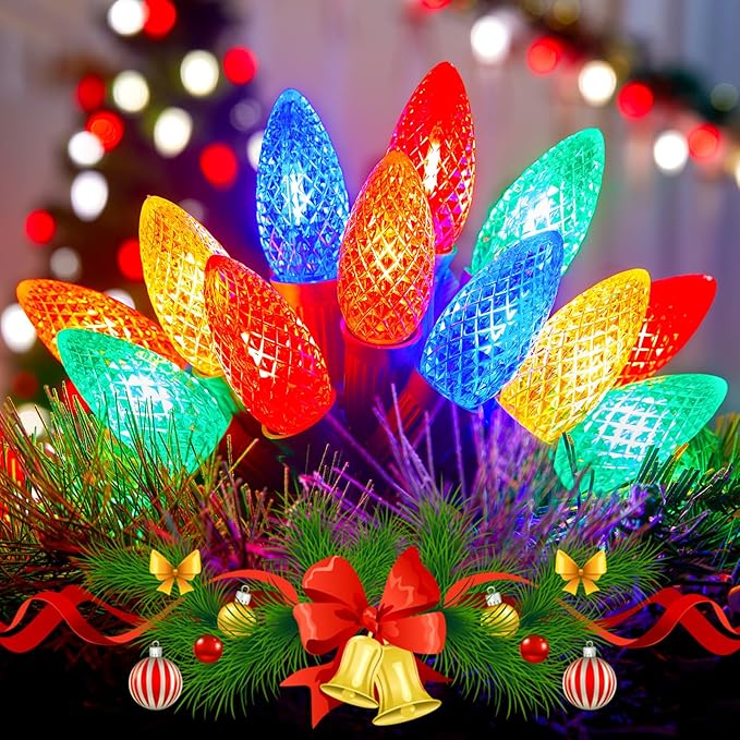 Brightown Outdoor Christmas Lights, 100 Ft LED Commercial String Lights With Multicolor Strawberry C9 Bulbs, Waterproof Connectable UL Certified for Indoor Yard Xmas Tree House Decor