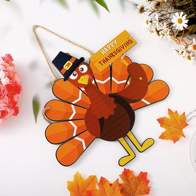 Thanksgiving Turkey Wooden Door Sign Hanging Turkey Art Door Decor Thanksgiving Turkey Wall Art Hanging Rustic Plaque for Thanksgiving Day Party Front Door Home Office Decoration, 11.4 x 8.3 Inch
