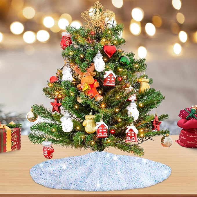 MODFUNS Iridescent White Christmas Tree Skirt Mini 21 Inch Sequins Tree Skirt Sparkle Velvet Xmas Tree Mat Glitter Tree Skirts for Artificial Trees Mermaid Tree Collar Skirt for Christmas Party