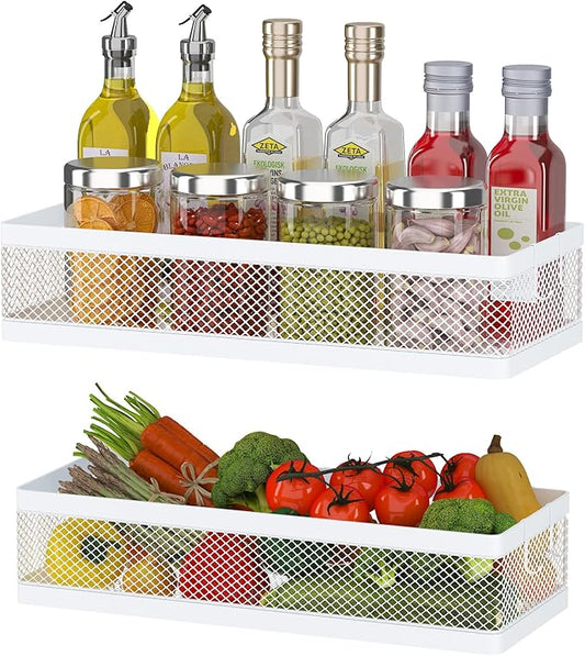 PUSDON Hanging Storage Baskets Organizer Wall Mount, Metal Wire Storage Bin Rack for Kitchen Bathroom Shower Spice Shelf Home Decor Essentials White-2 Packs (Netting)