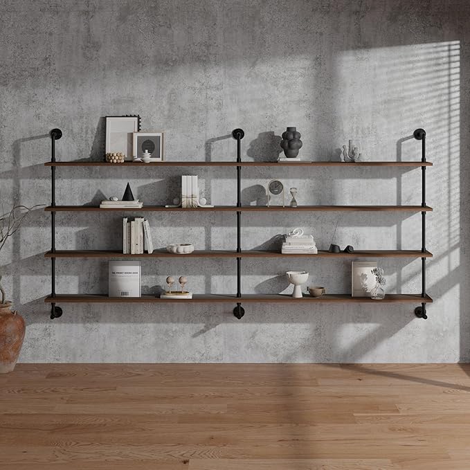 Industrial Pipe Wall Shelves With Real Wood Plank, 70 Inches Floating Shelves for Wall, 4 Tier Farmhouse Book Shelves, Dark Brown for Kitchen, Living Room Decor and Bar