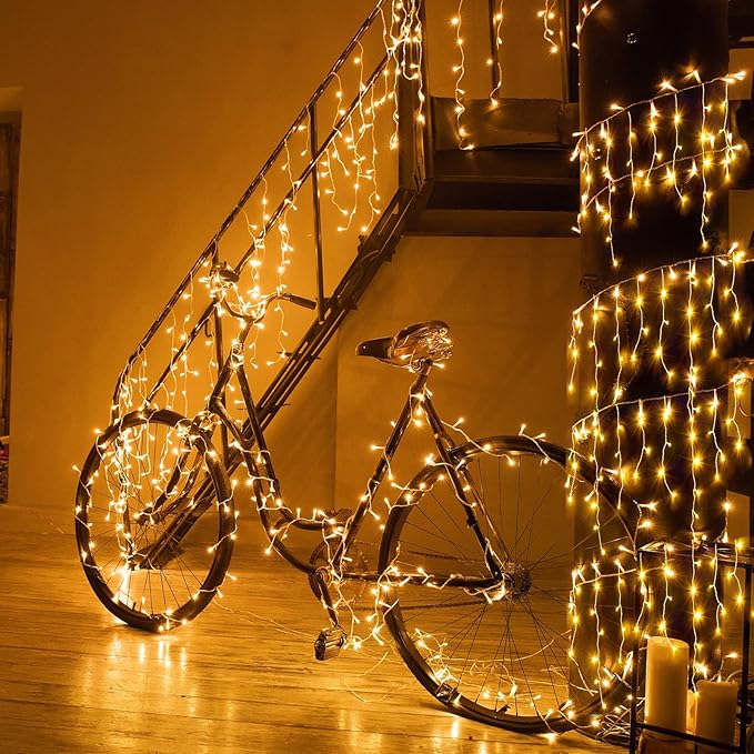 Icicle lights Outdoor - 33ft Christmas Lights with 400LED 75 Drops 8 Modes, Plug in Curtain String Lights Waterproof for Holiday Wedding Party Home Garden Bedroom Indoor Decoration, Warm White