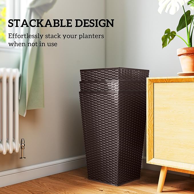 Outsunny Tall Planters for Outdoor Plants Set of 3, 24 in Taper Planters with Drainage Holes, Rattan Decor Plant Pots for Indoor Outdoor Front Porch Patio Backyard, Brown