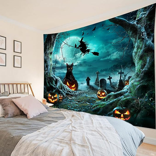 LB Halloween Tapestry Pumpkins Black Cat Dead Tree in Spooky Graveyard Full Moon Night with Witch Halloween Wall Hanging for Bedroom Living Room Dorm Decor 92.5x70.9 Inch
