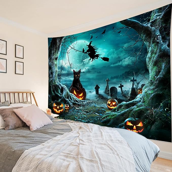 LB Halloween Pumpkin Tapestry Creepy Black Cat Witch Dead Tree in Spooky Graveyard Full Moon Night Halloween Wall Hanging for Bedroom Living Room Dorm Holiday Party Decor 48x36 Inch