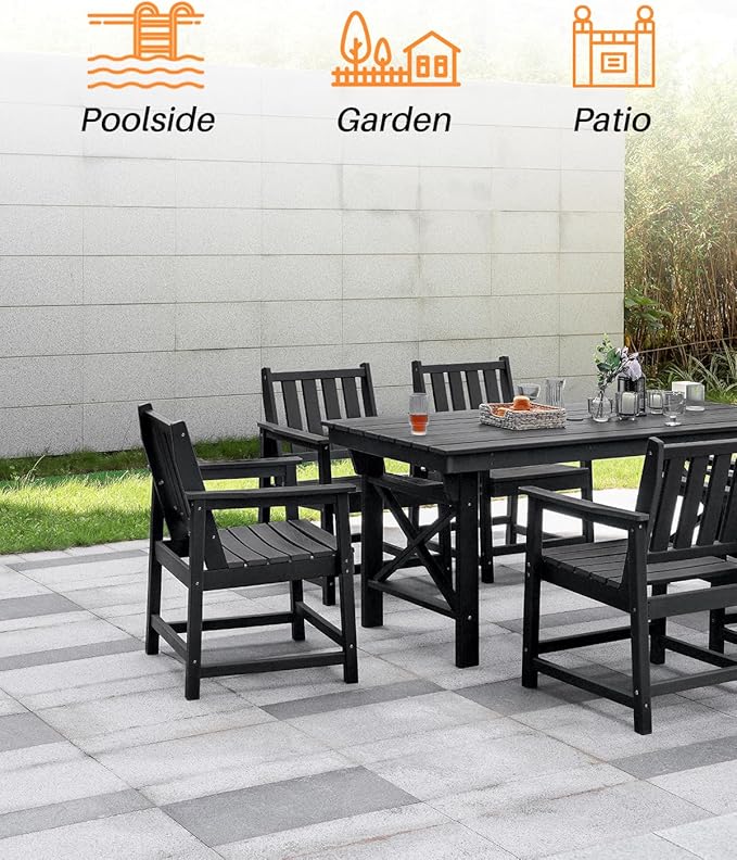 7 Pieces HDPE Outdoor Dining Set, Patio Dining Set with Umbrella Hole, All Weather Outdoor Dining Table Sets for 6, HDPE Patio Furniture Sets for Deck, Backyard, Lawn, and Poolside, Obsidian