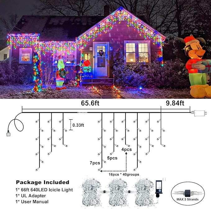 Icicle Christmas Lights Outdoor, 66FT 640 LED Icicle Lights for Outside with 8 Modes Timers, Waterproof Plug in Connectable String Light for Indoor Home Fence Yard Party Decorations, Multicolor