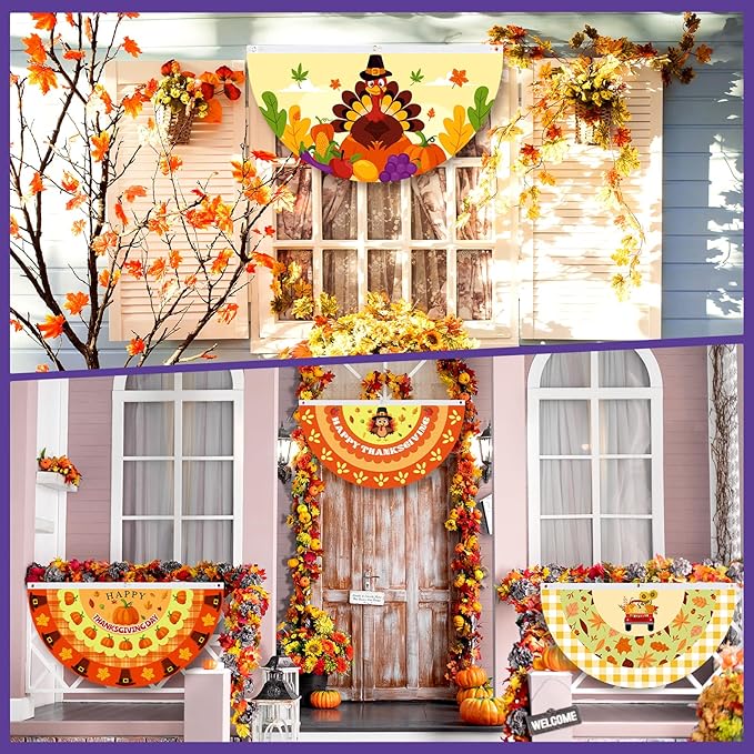 Lounsweer 12 Pcs Halloween Bunting Fan Flag for Outside 3 x 1.5 ft Fall Thanksgiving Bunting Flag Outdoor Pumpkin Ghost Turkey Seasonal Half Fan Banner for Autumn Halloween Christmas Porch Yard Decor