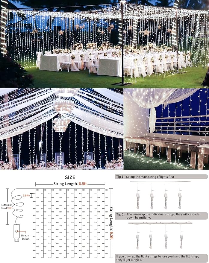 suddus White Curtain Lights for Bedroom Wall, 200 Led Twinkle Lights with Remote 8 Modes Timer, USB Plug-in String Lights for Wedding, Party, Backdrop, Birthday, Window Decorations, (6.5ft*6.5ft)