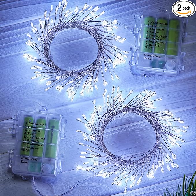 Outdoor Fairy Firecracker Lights Battery Operated, 5 Feet 60 LEDs Twinkle String Lights with Remote, 2 Pack Starry Lights for DIY Wreath Wedding Party Bedroom Mason Jar Holiday Christmas, Pure White