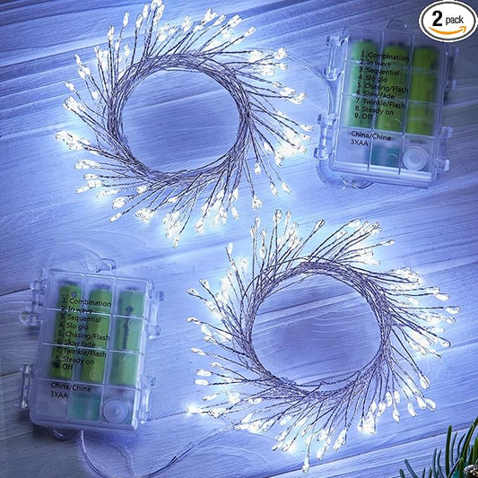 Outdoor Fairy Firecracker Lights Battery Operated, 5 Feet 60 LEDs Twinkle String Lights with Remote, 2 Pack Starry Lights for DIY Wreath Wedding Party Bedroom Mason Jar Holiday Christmas, Pure White