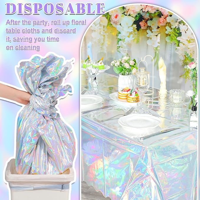 3 Pcs Iridescent Plastic Tablecloth, 54 x 108 Inch Disposable Scalloped Table Covers Waterproof Rectangle Iridescence Table Cloths for Bachelorette Bridal Shower Wedding Birthday Iridescent Decor