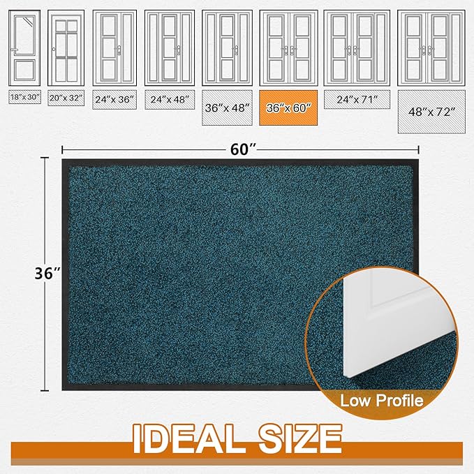 Mibao Front Door Mat, Dirt Trapper Welcome Mat for Outdoor Indoor, Non-Slip Waterproof Doormat, Durable Machine Washable Low Profile Entry Rug for Back Door Outside Patio Porch, 60" x 36", Blue