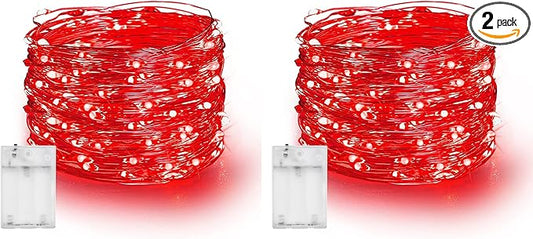Dazzle Bright Fairy Lights Battery Operated, 2 Pack Total 40FT 120LED Silver Wire Waterproof Battery Operated String Lights, Christmas Decorations for Indoor Outdoor Bedroom Yard Decor, Red
