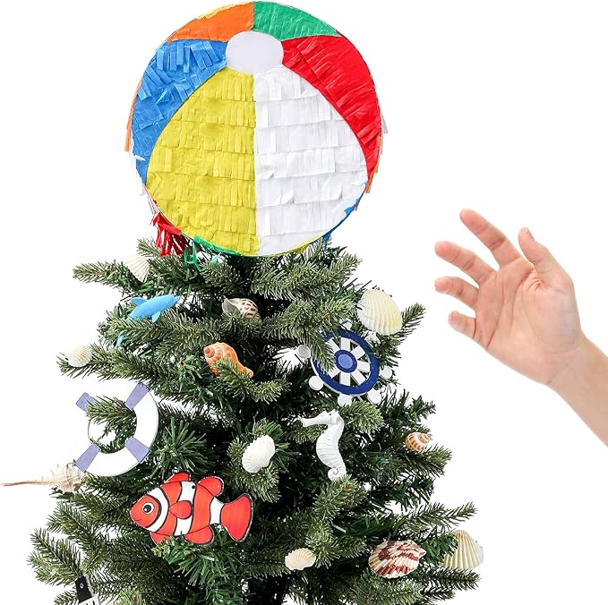 Retisee 7.8'' Summer Beach Ball Tree Topper Hawaiian Party Decoration Summer Tree Ornaments Pool Party Supplies for Home Indoor Holiday Outdoor Beach Decor