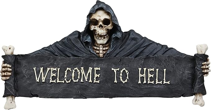 Ebros Large Grim Reaper Skeleton Opening Scroll Sign Of Bones Saying "Welcome To Hell" Wall Decor 17.5"Long Halloween Night Reaper Harvester of Souls 3D Hanging Art Plaque Sculpture