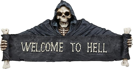 Ebros Large Grim Reaper Skeleton Opening Scroll Sign Of Bones Saying "Welcome To Hell" Wall Decor 17.5"Long Halloween Night Reaper Harvester of Souls 3D Hanging Art Plaque Sculpture