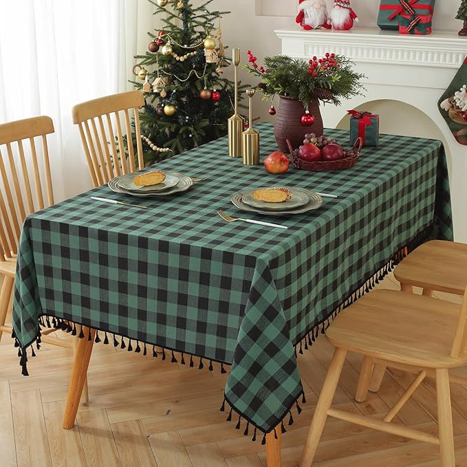 JIALE Gingham Tablecloth Rectangle Cotton Linen Fabric Checkered Table Cloth with Tassel Washable Wrinkle Free Buffalo Plaid Table Cover for Christmas, Party Kitchen Dining, Green and Black, 55x106