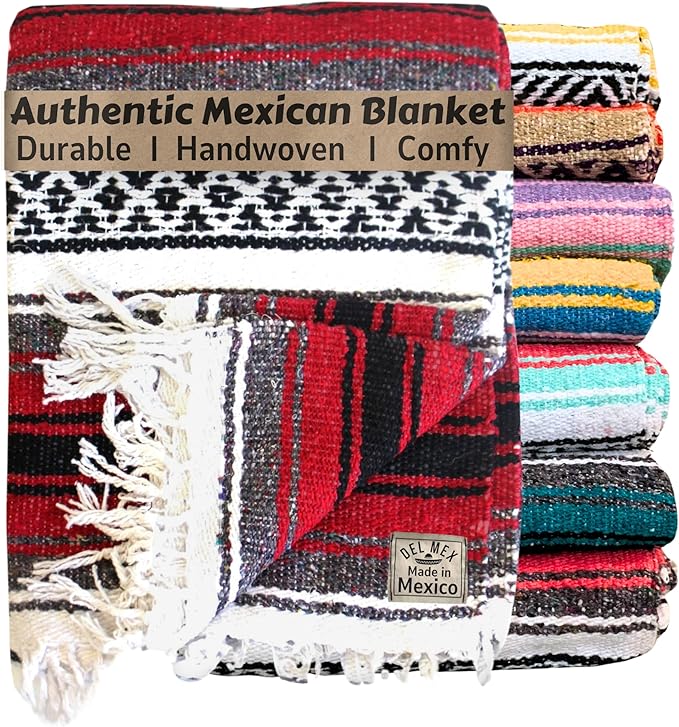 Del Mex Classic Mexican Blanket, Large Authentic Woven Falsa Throw (70"x50"), Artisan Southwest Décor for Beach, Yoga, Outdoors (Red)
