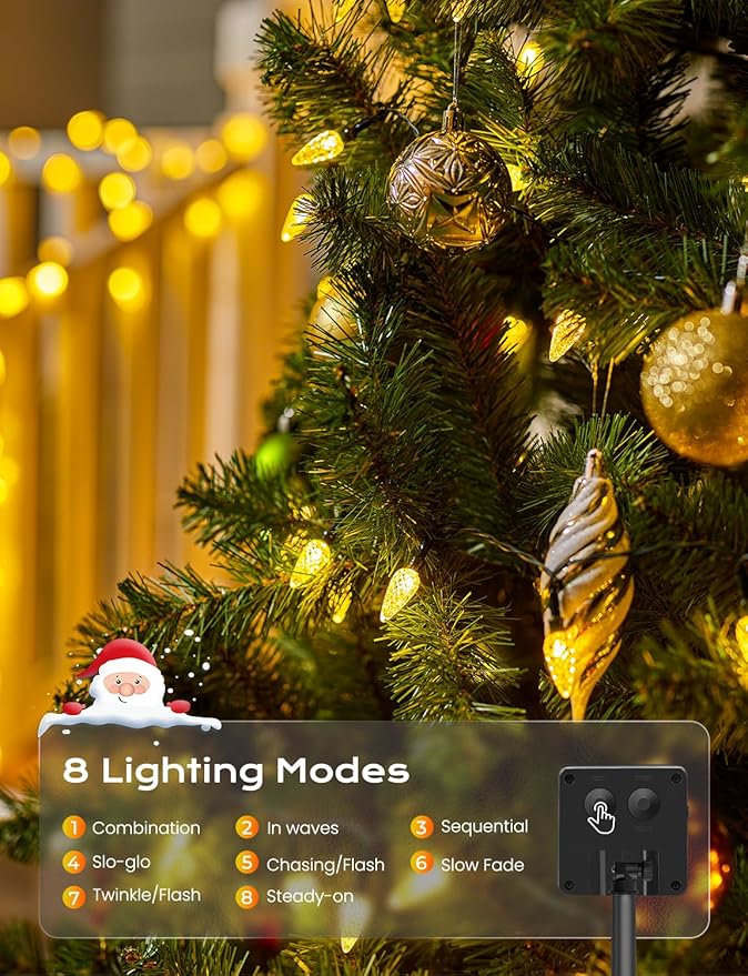 Brightown Solar Operated C6 Strawberry String Lights, 22.64ft 50 LEDs Warm White LED Christmas Fairy Lights, Solar Christmas Lights Outdoor, Christmas Decorations for Christmas Tree, Garden Decor