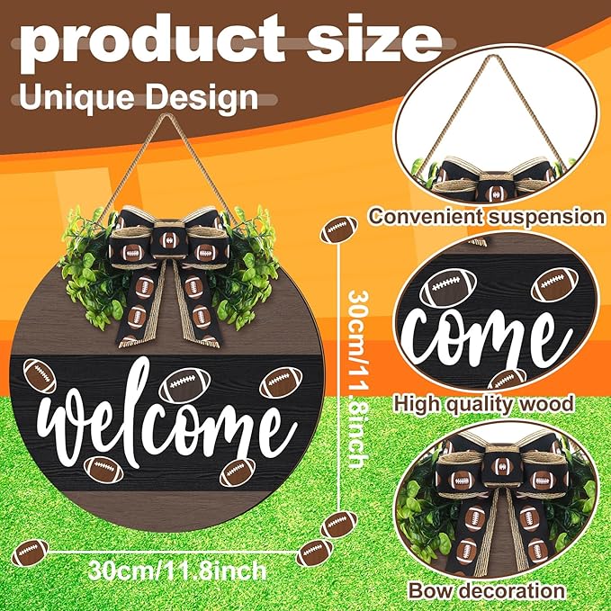 Hello Fall Football Sign for Front Door Thanksgiving Wooden Hanging Sign Fall Welcome Wreaths with Bow Turkey Farmhouse Wall Decoration for Home Autumn Harvest Front Porch Decor(Football)