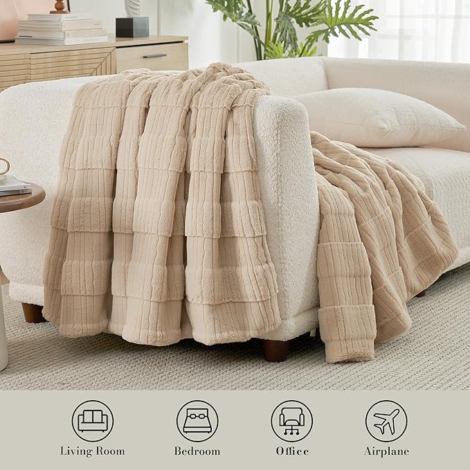 Amélie Home Luxury Striped Faux Fur Throw Blanket for Couch, Embossed Split Fur Cozy Fuzzy Fluffy Luxurious Soft Plush Sofa Chair Bed Gift Blankets for Women Men Wife Friend, 55"x70", Beige